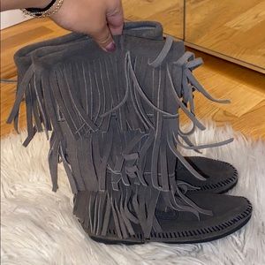 Grey Minnetonka 3 Layer Fringe Boot